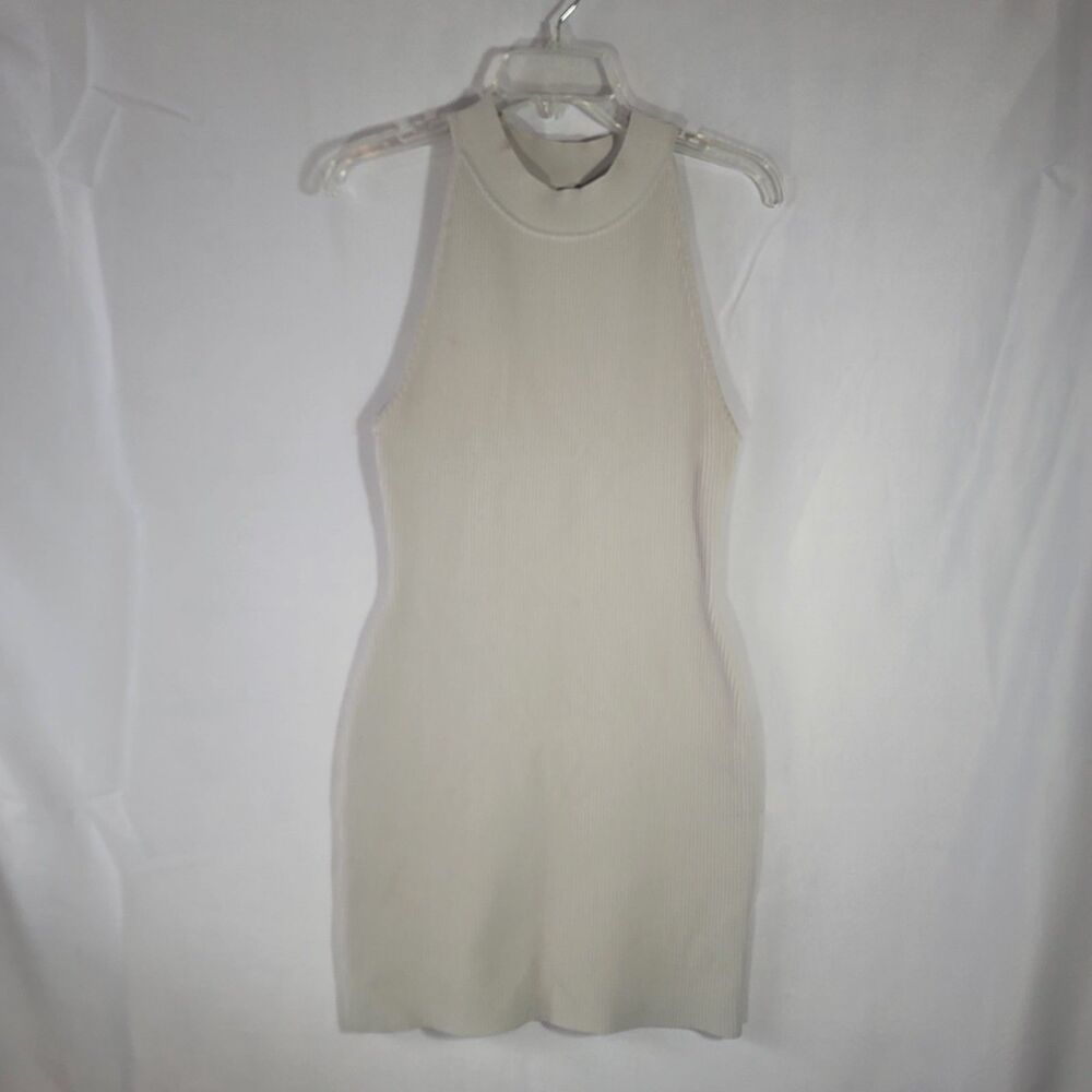 Babaton Aritzia Sculpt Knit High Halter Mini Dress Beige Ribbed Bodycon Medium